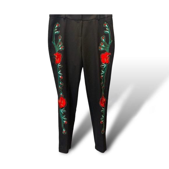 Flower Embroidered Black Women Pants - Picture 1 of 11